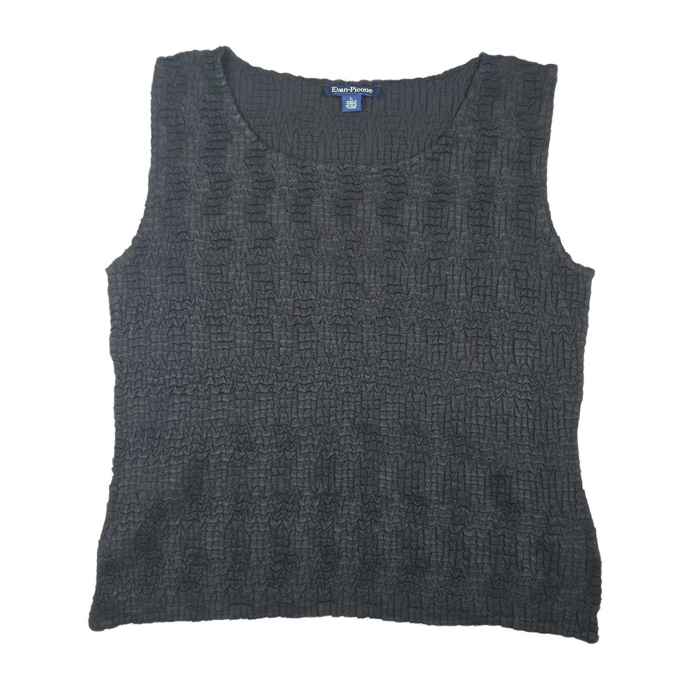 Evan-Picone Black Textured Crinkle Popcorn Tank Top Womens Large Scoop Neck
